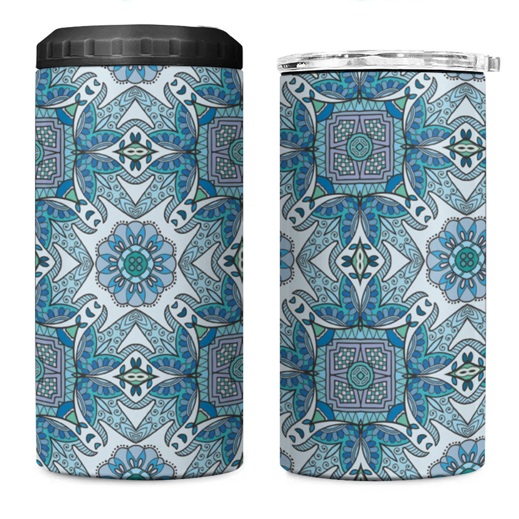 Indian Mandala Pattern 4 in 1 Can Cooler Tumbler Blue Geometric Floral Mandala