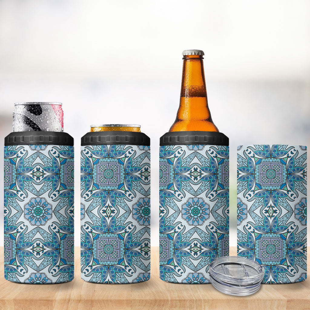 Indian Mandala Pattern 4 in 1 Can Cooler Tumbler Blue Geometric Floral Mandala
