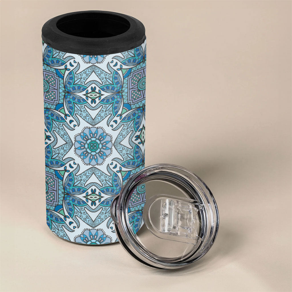 Indian Mandala Pattern 4 in 1 Can Cooler Tumbler Blue Geometric Floral Mandala