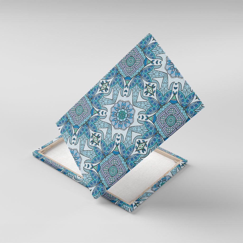 Indian Mandala Pattern Canvas Wall Art Blue Geometric Floral Mandala