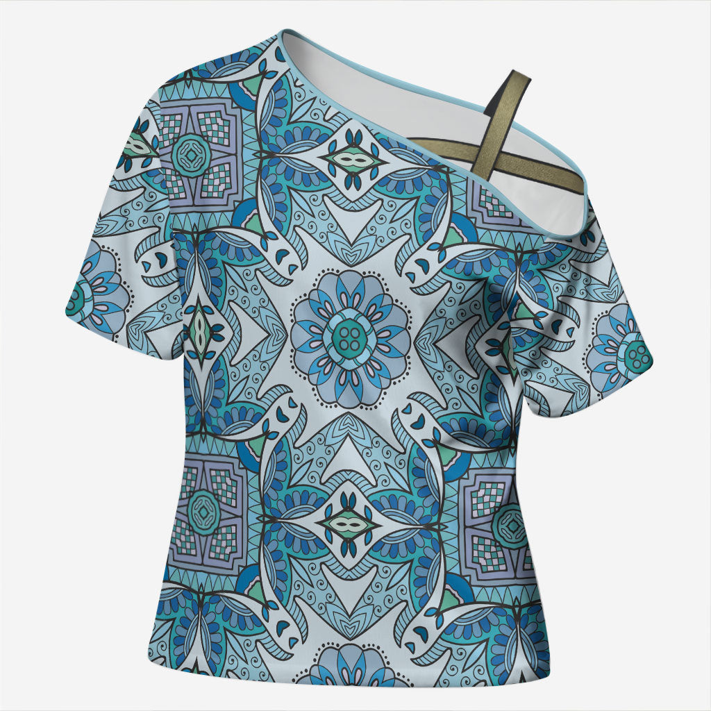 Indian Mandala Pattern Cross Shoulder Shirt Blue Geometric Floral Mandala