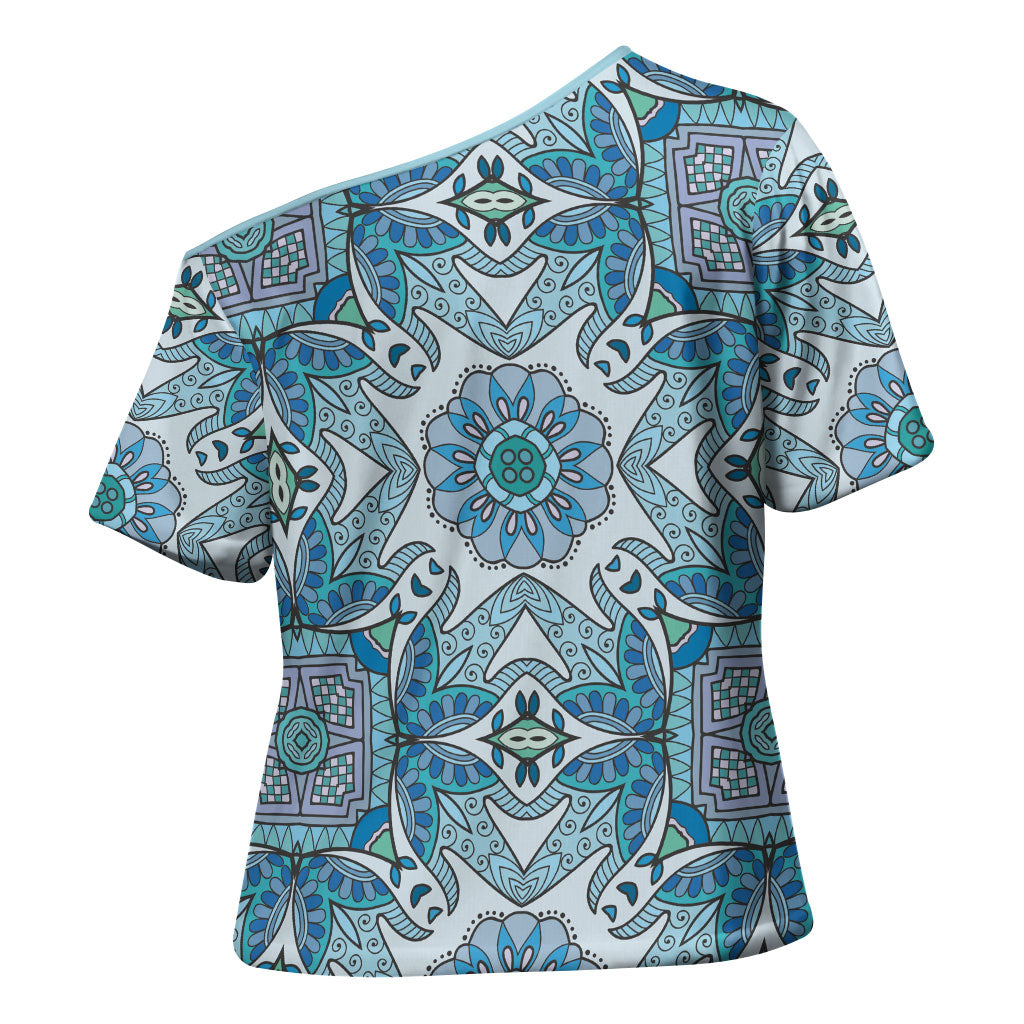 Indian Mandala Pattern Cross Shoulder Shirt Blue Geometric Floral Mandala