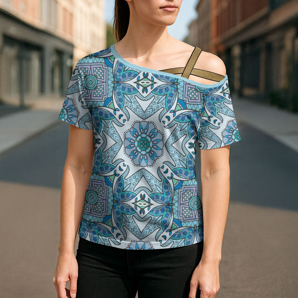 Indian Mandala Pattern Cross Shoulder Shirt Blue Geometric Floral Mandala