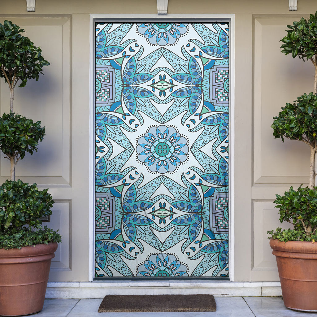 Indian Mandala Pattern Door Cover Blue Geometric Floral Mandala