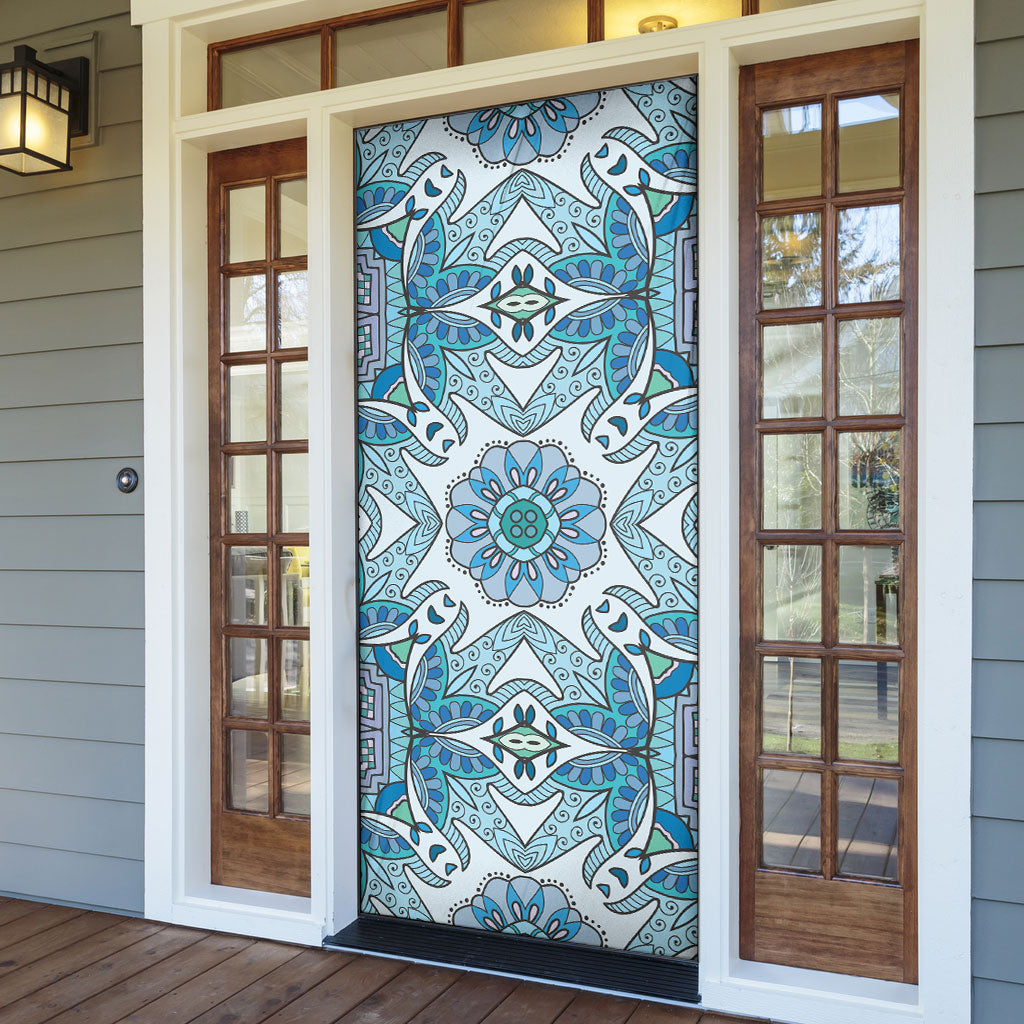 Indian Mandala Pattern Door Cover Blue Geometric Floral Mandala