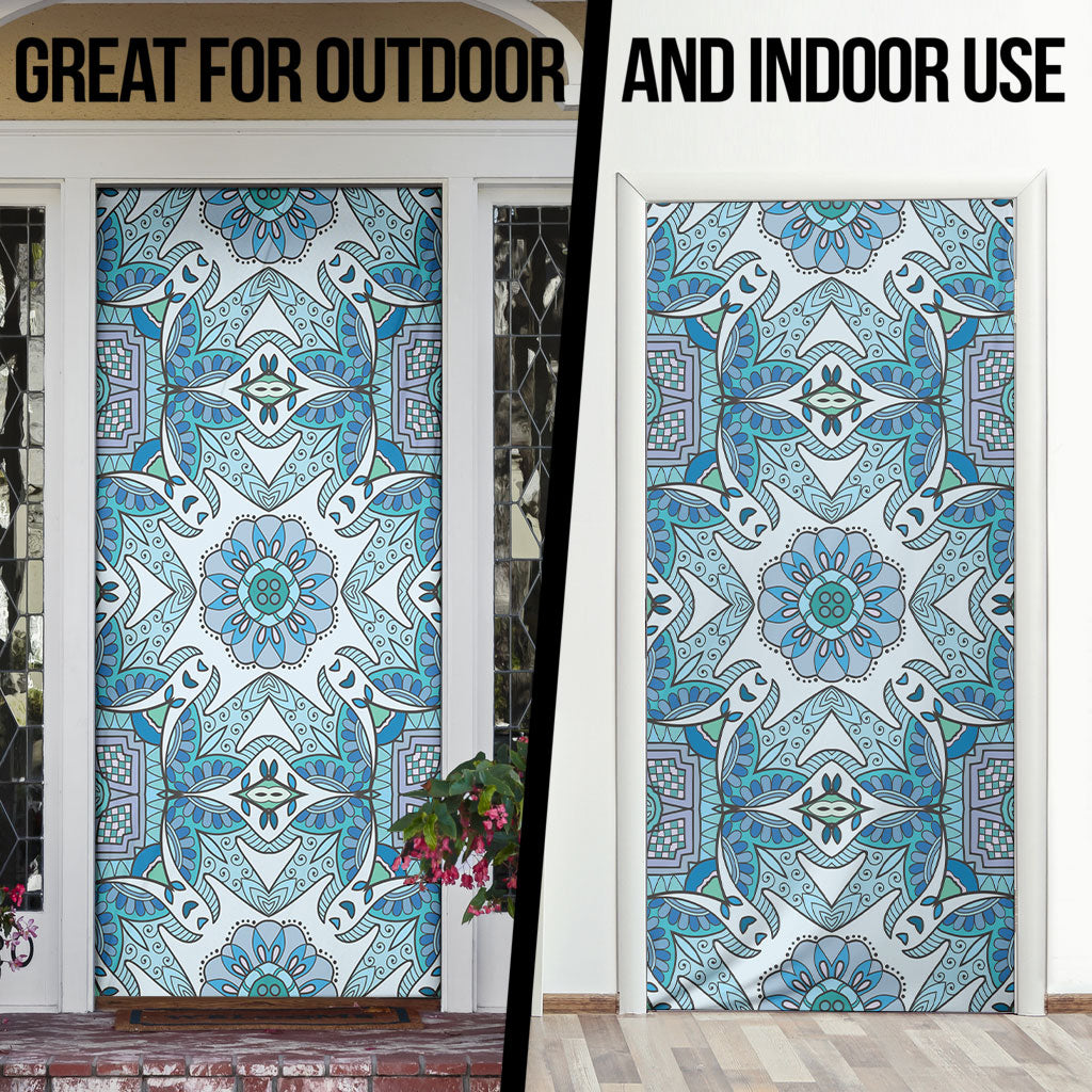 Indian Mandala Pattern Door Cover Blue Geometric Floral Mandala