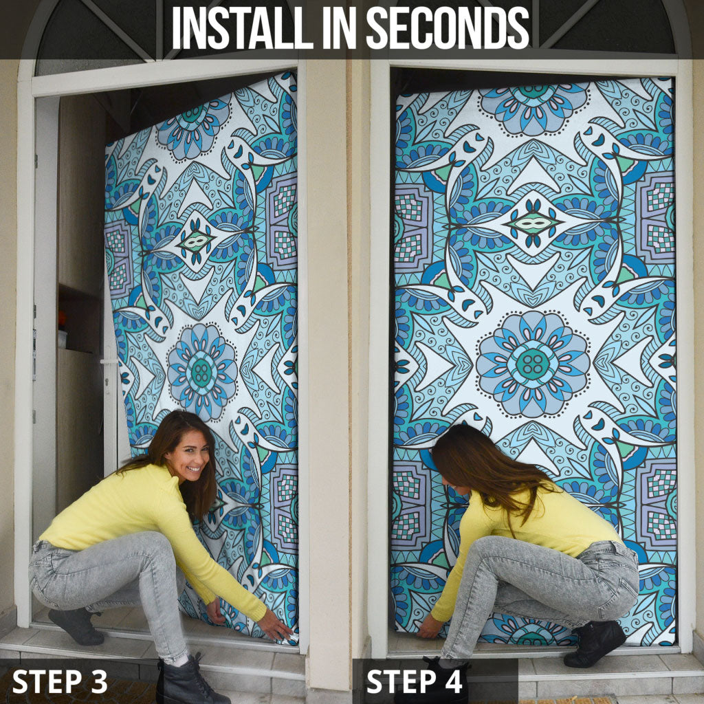 Indian Mandala Pattern Door Cover Blue Geometric Floral Mandala