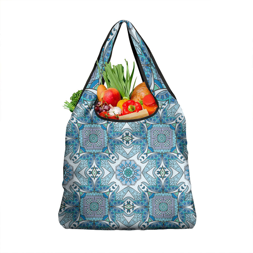 Indian Mandala Pattern Grocery Bag Blue Geometric Floral Mandala
