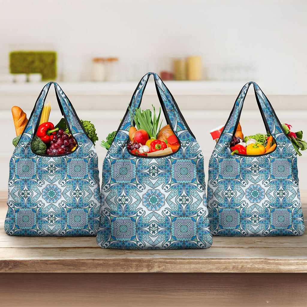 Indian Mandala Pattern Grocery Bag Blue Geometric Floral Mandala