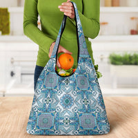 Indian Mandala Pattern Grocery Bag Blue Geometric Floral Mandala