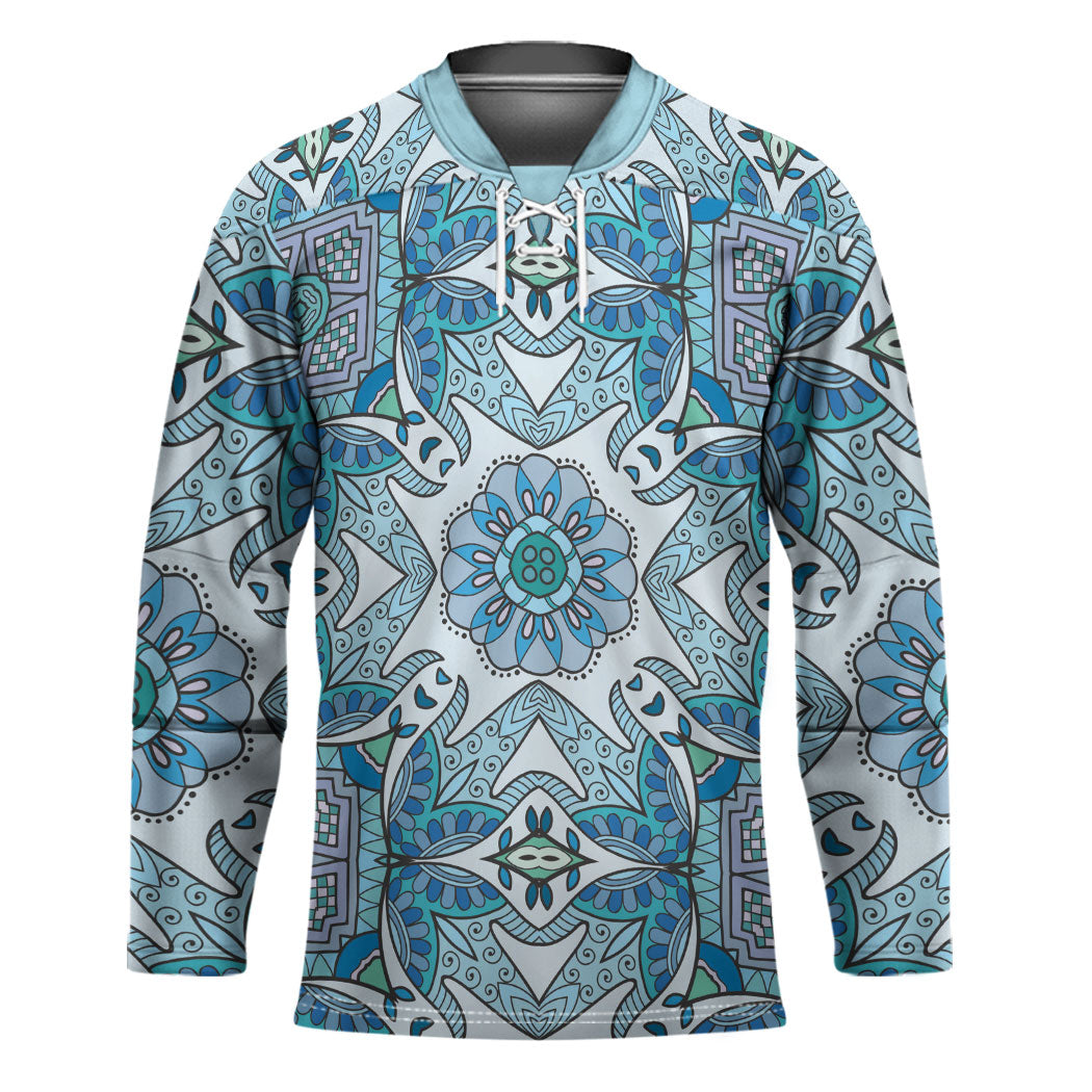 Indian Mandala Pattern Hockey Jersey Blue Geometric Floral Mandala