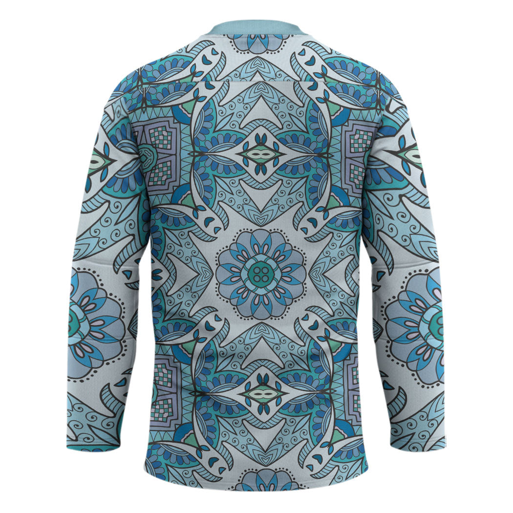 Indian Mandala Pattern Hockey Jersey Blue Geometric Floral Mandala