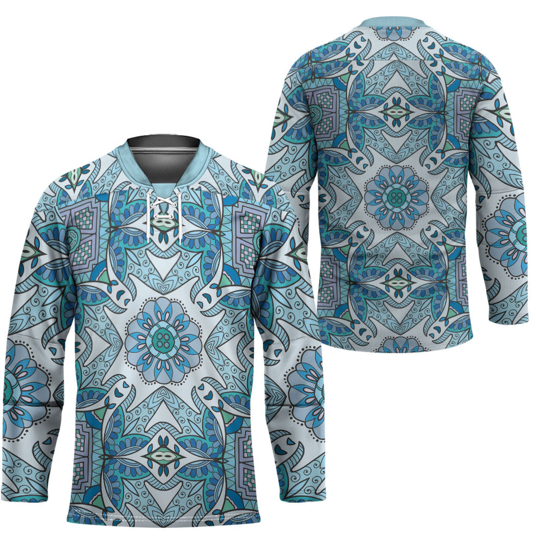 Indian Mandala Pattern Hockey Jersey Blue Geometric Floral Mandala