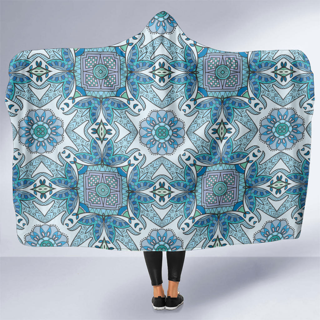 Indian Mandala Pattern Hooded Blanket Blue Geometric Floral Mandala