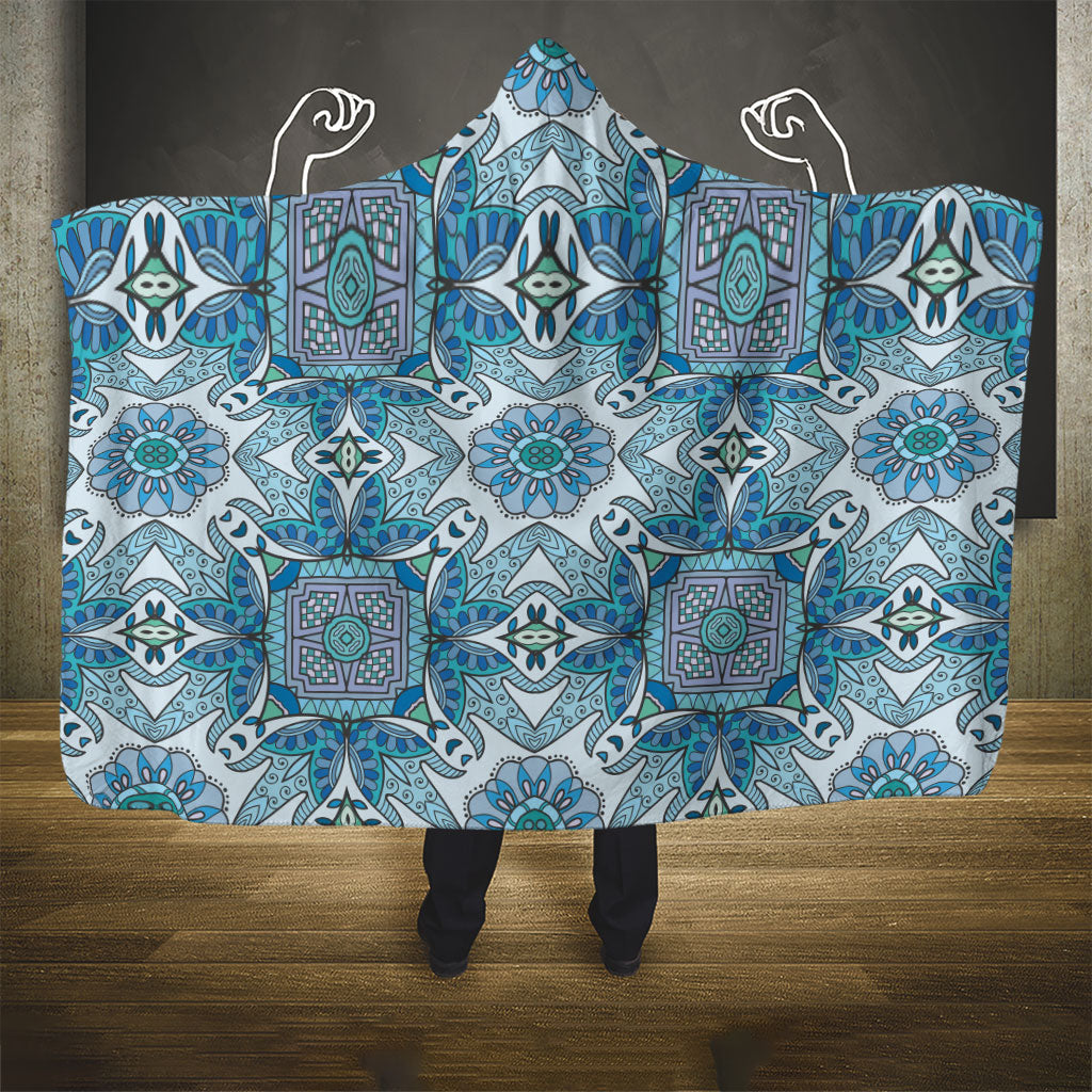 Indian Mandala Pattern Hooded Blanket Blue Geometric Floral Mandala