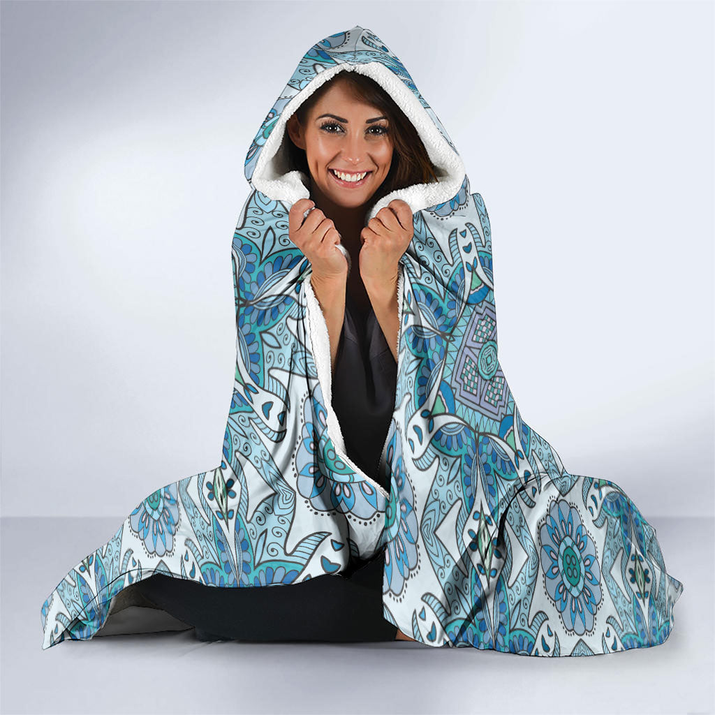 Indian Mandala Pattern Hooded Blanket Blue Geometric Floral Mandala