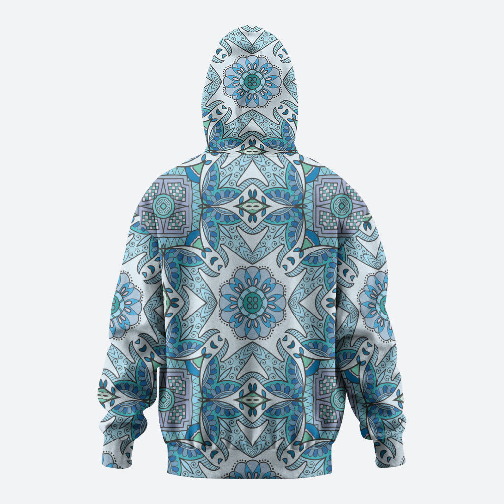 Indian Mandala Pattern Hoodie Blue Geometric Floral Mandala