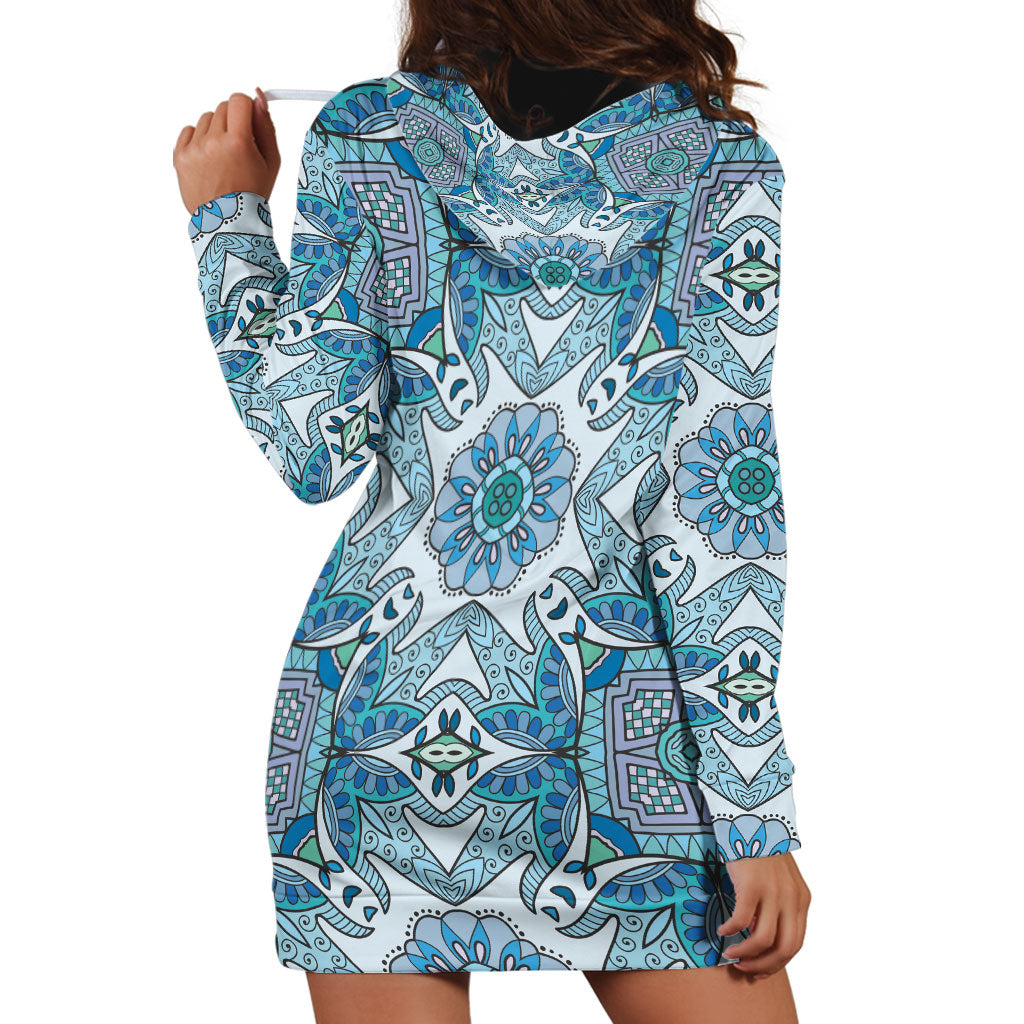 Indian Mandala Pattern Hoodie Dress Blue Geometric Floral Mandala