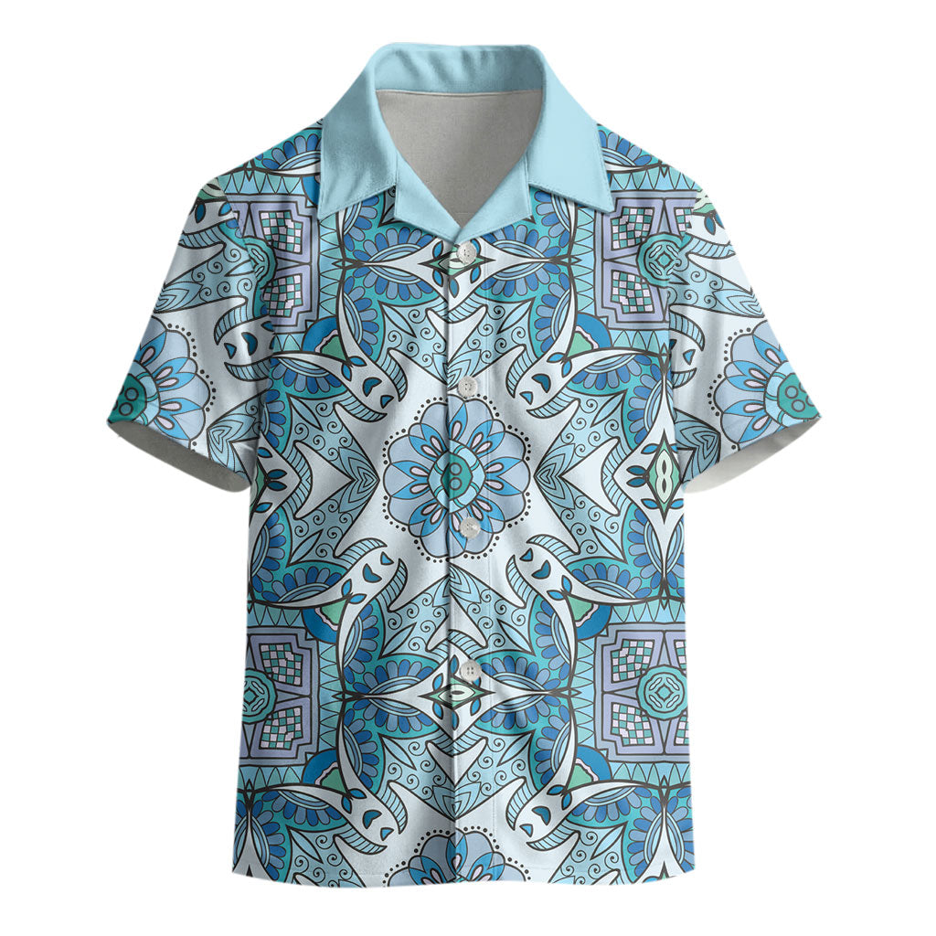 Indian Mandala Pattern Kid Hawaiian Shirt Blue Geometric Floral Mandala