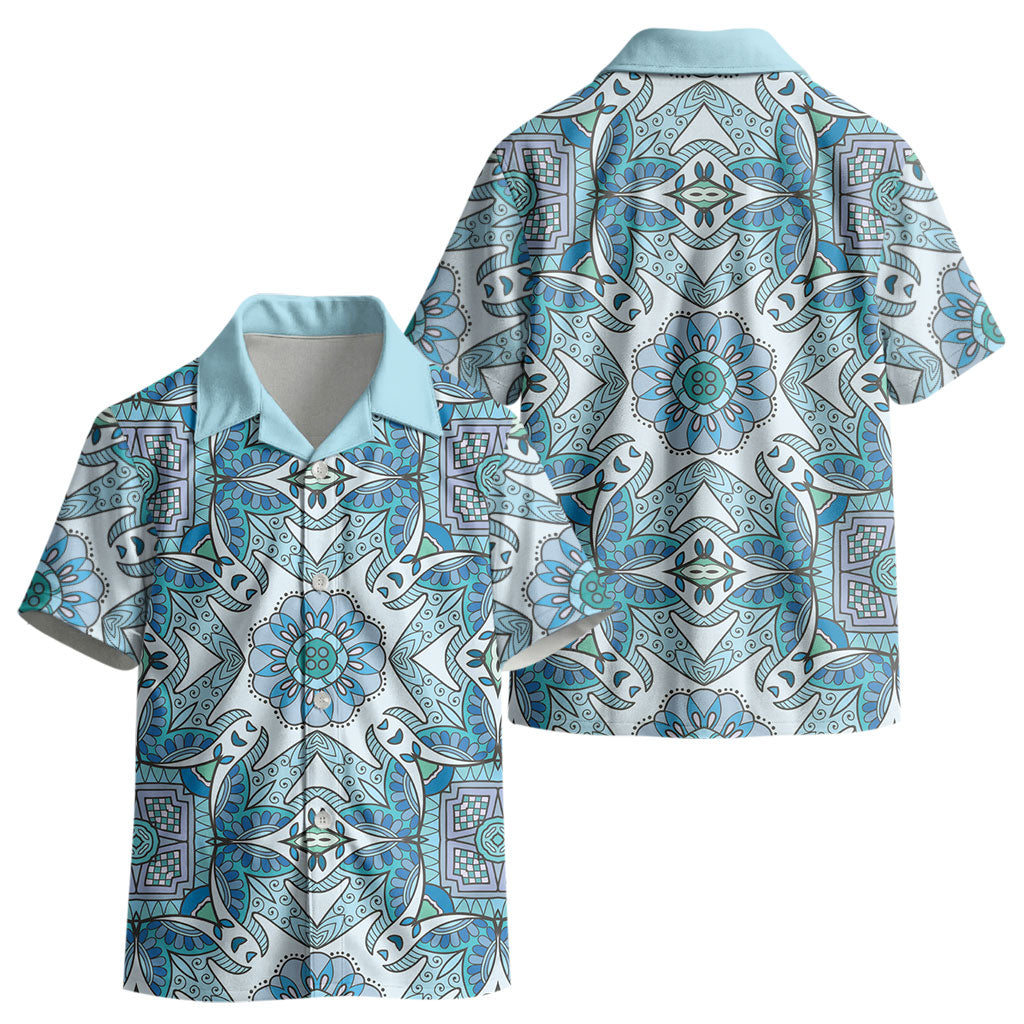 Indian Mandala Pattern Kid Hawaiian Shirt Blue Geometric Floral Mandala