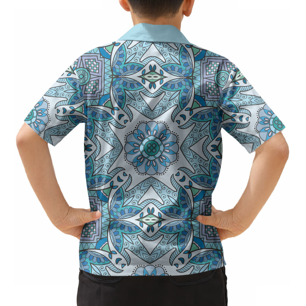 Indian Mandala Pattern Kid Hawaiian Shirt Blue Geometric Floral Mandala
