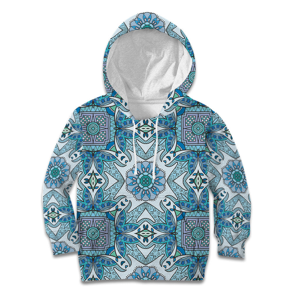 Indian Mandala Pattern Kid Hoodie Blue Geometric Floral Mandala