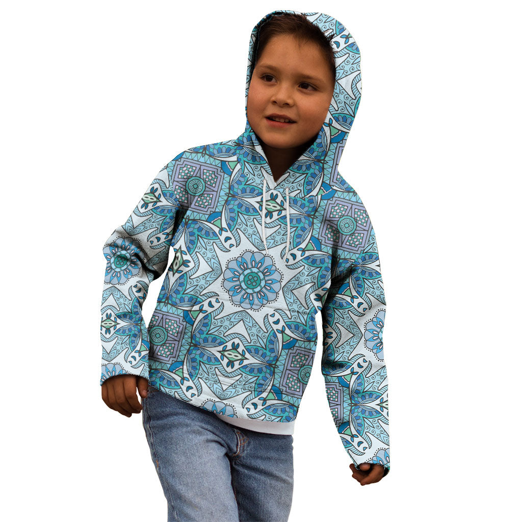 Indian Mandala Pattern Kid Hoodie Blue Geometric Floral Mandala