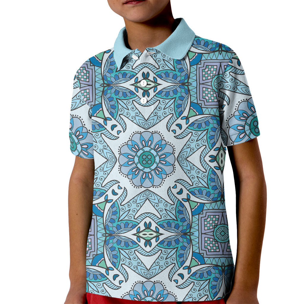 Indian Mandala Pattern Kid Polo Shirt Blue Geometric Floral Mandala