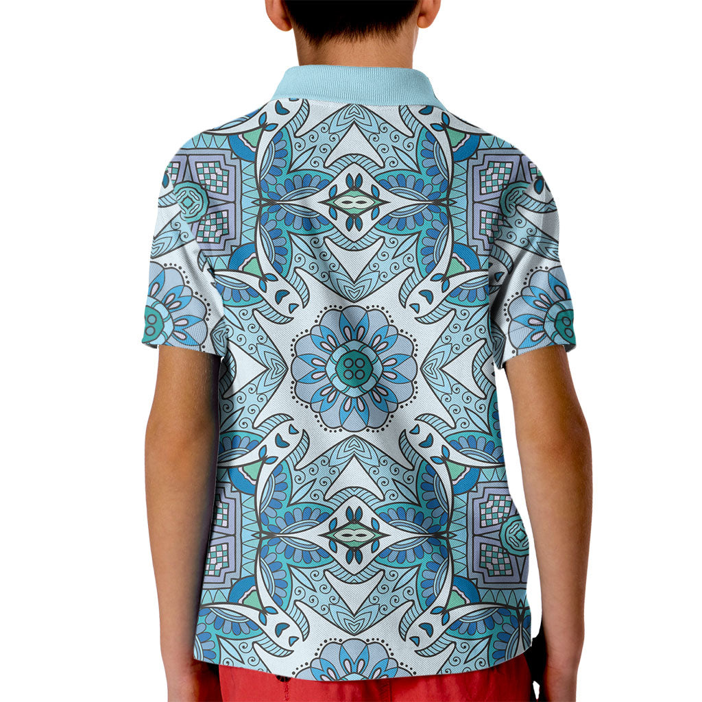 Indian Mandala Pattern Kid Polo Shirt Blue Geometric Floral Mandala
