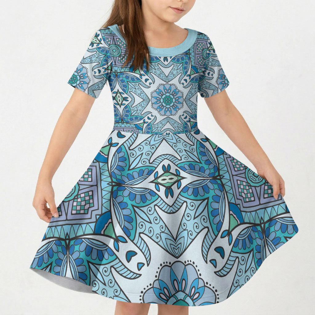 Indian Mandala Pattern Kid Short Sleeve Dress Blue Geometric Floral Mandala