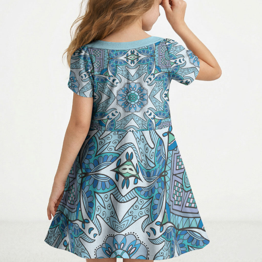 Indian Mandala Pattern Kid Short Sleeve Dress Blue Geometric Floral Mandala