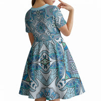 Indian Mandala Pattern Kid Short Sleeve Dress Blue Geometric Floral Mandala