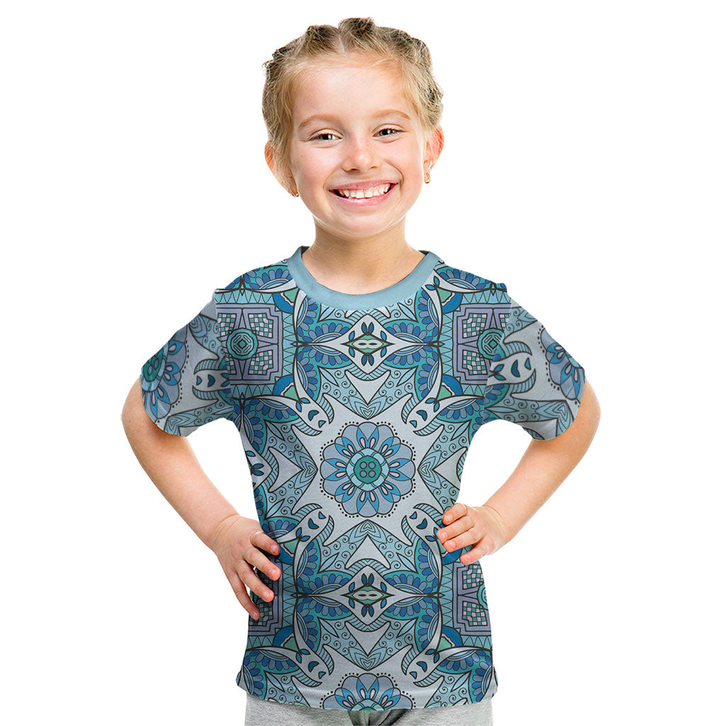 Indian Mandala Pattern Kid T Shirt Blue Geometric Floral Mandala