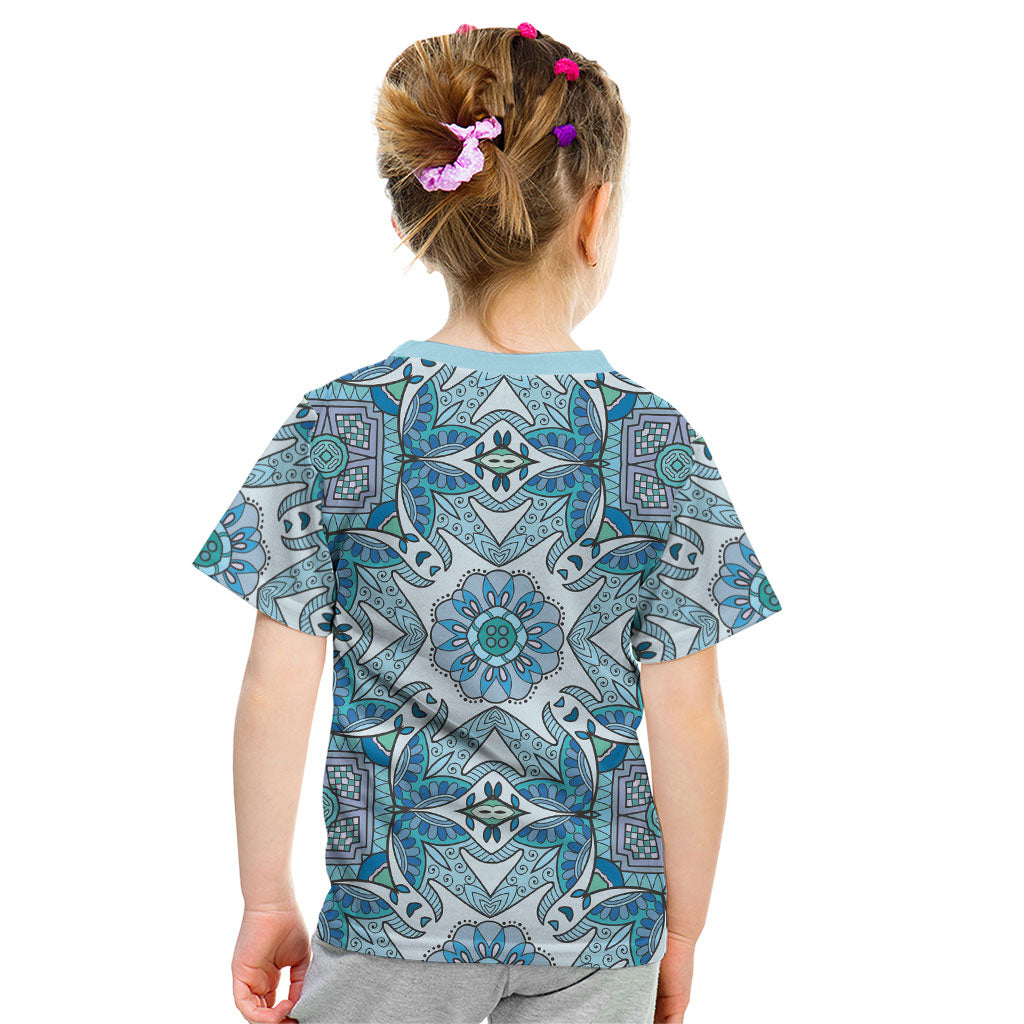 Indian Mandala Pattern Kid T Shirt Blue Geometric Floral Mandala