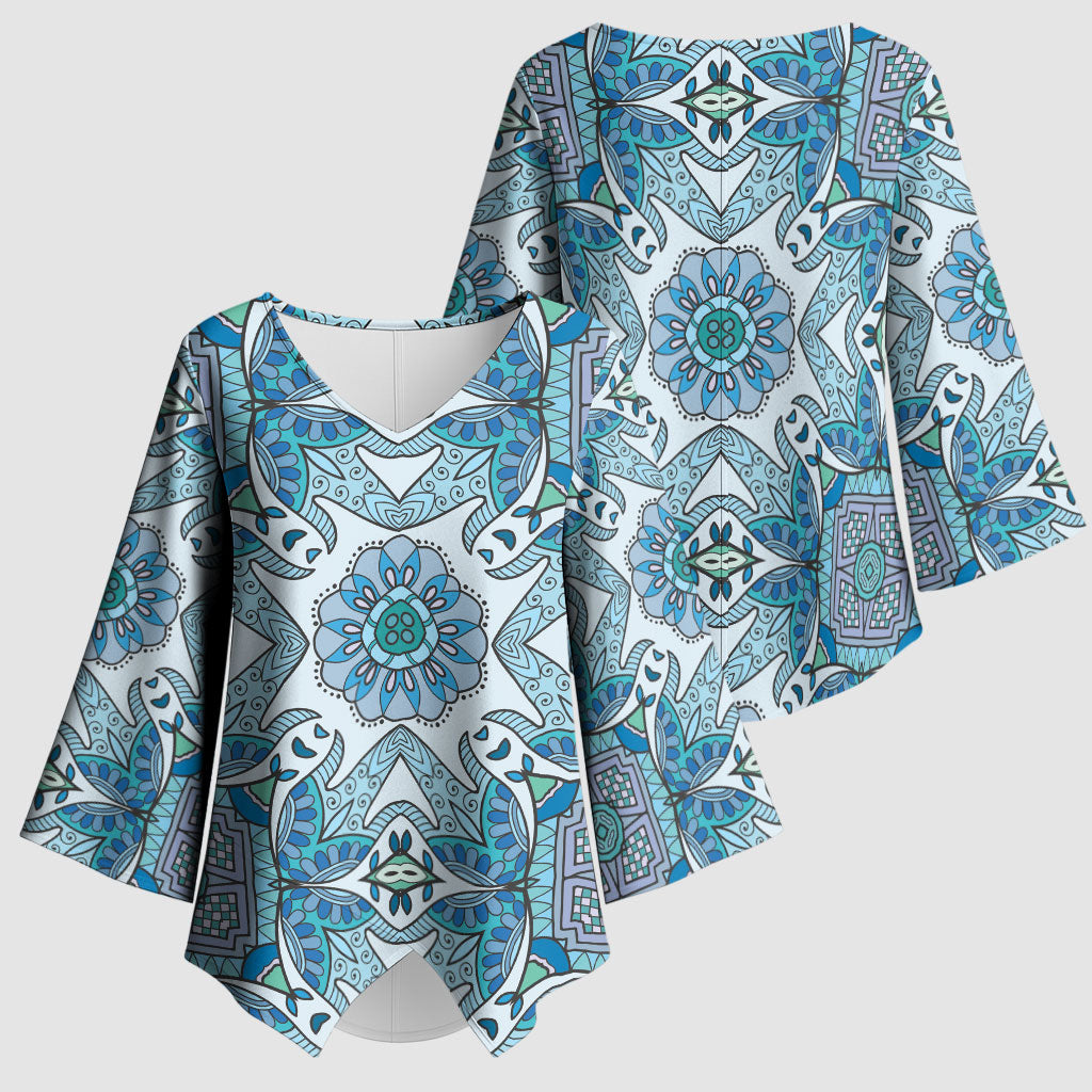 Indian Mandala Pattern Kimono Sleeve Blouse Blue Geometric Floral Mandala