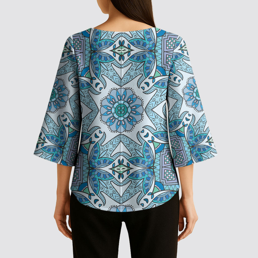 Indian Mandala Pattern Kimono Sleeve Blouse Blue Geometric Floral Mandala