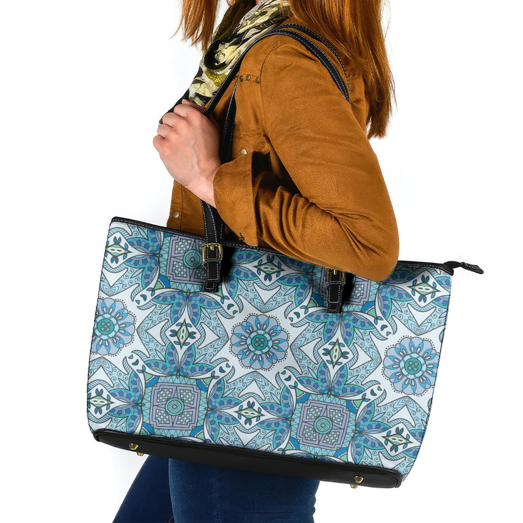 Indian Mandala Pattern Leather Tote Bag Blue Geometric Floral Mandala