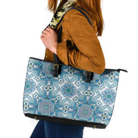 Indian Mandala Pattern Leather Tote Bag Blue Geometric Floral Mandala