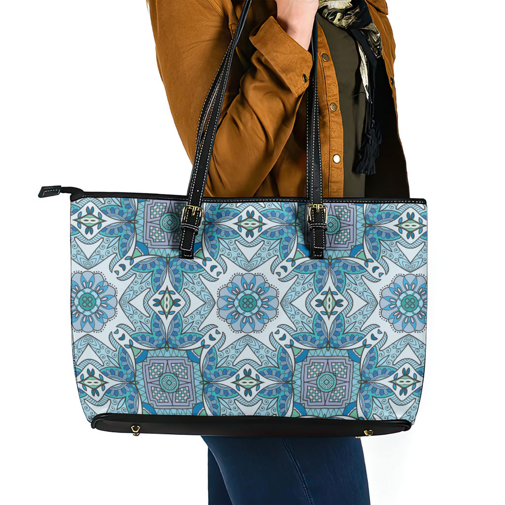 Indian Mandala Pattern Leather Tote Bag Blue Geometric Floral Mandala