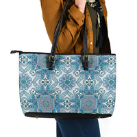 Indian Mandala Pattern Leather Tote Bag Blue Geometric Floral Mandala