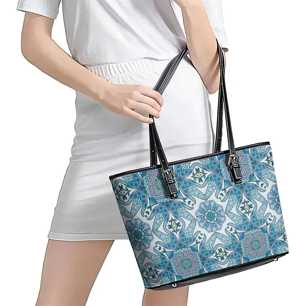 Indian Mandala Pattern Leather Tote Bag Blue Geometric Floral Mandala