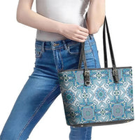Indian Mandala Pattern Leather Tote Bag Blue Geometric Floral Mandala
