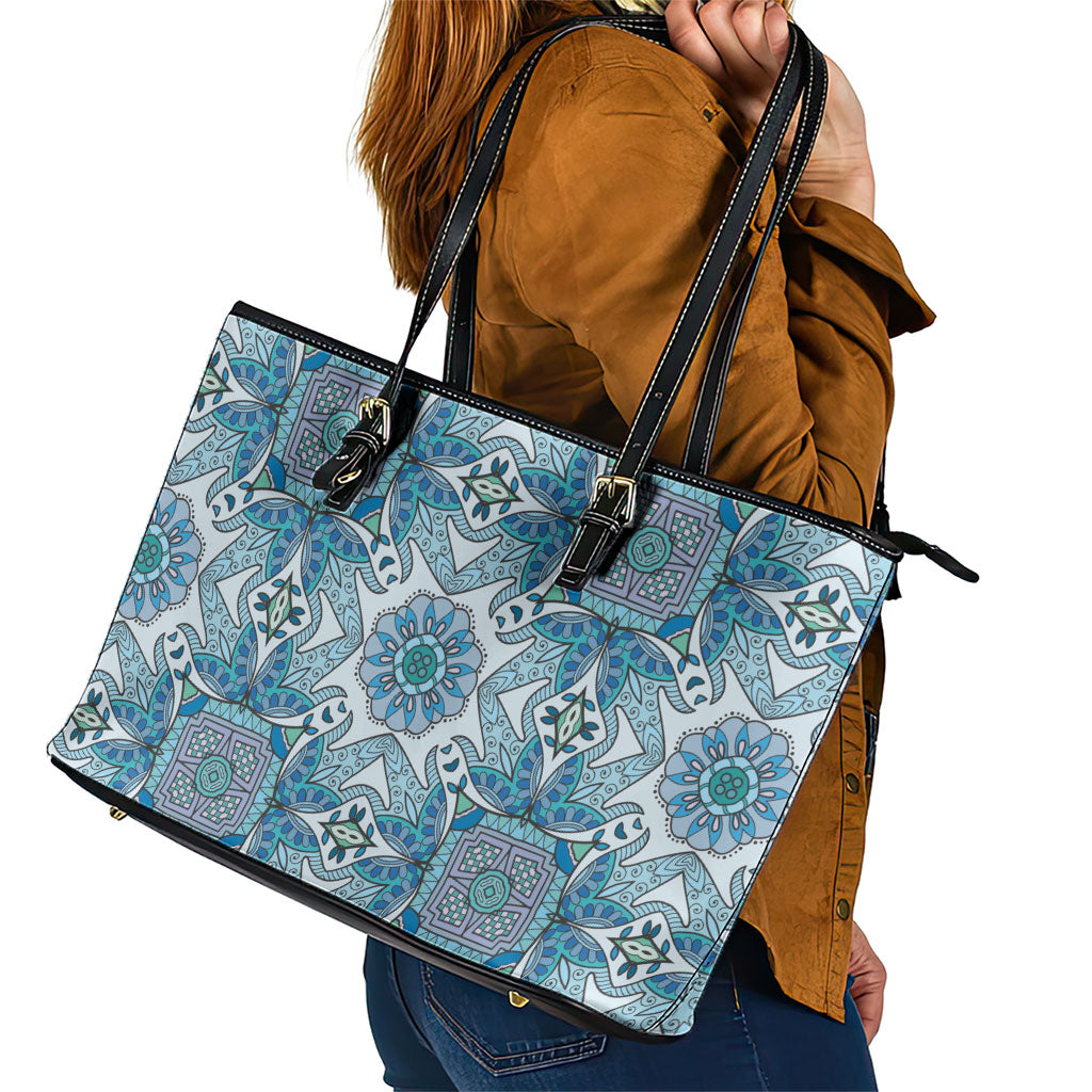 Indian Mandala Pattern Leather Tote Bag Blue Geometric Floral Mandala