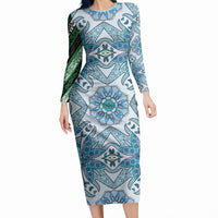 Indian Mandala Pattern Long Sleeve Bodycon Dress Blue Geometric Floral Mandala