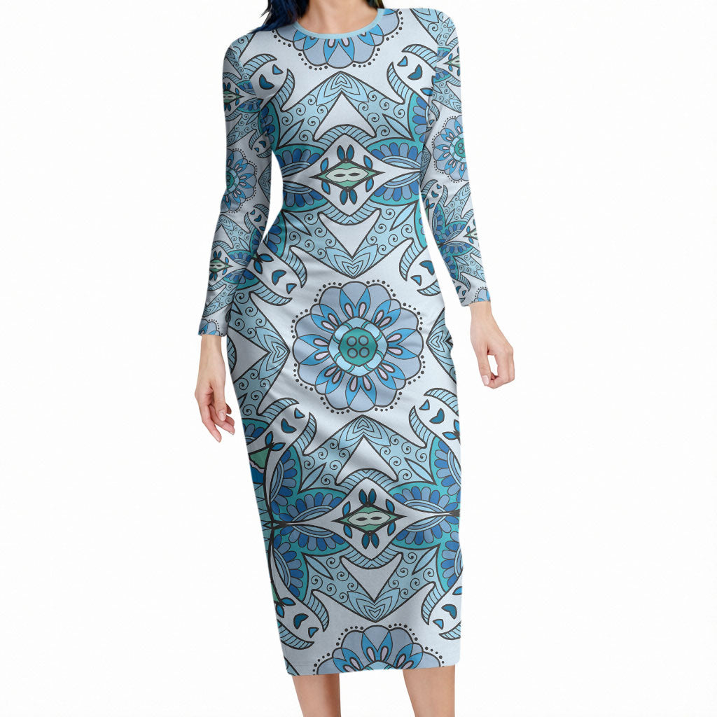 Indian Mandala Pattern Long Sleeve Bodycon Dress Blue Geometric Floral Mandala LT19