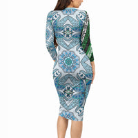 Indian Mandala Pattern Long Sleeve Bodycon Dress Blue Geometric Floral Mandala