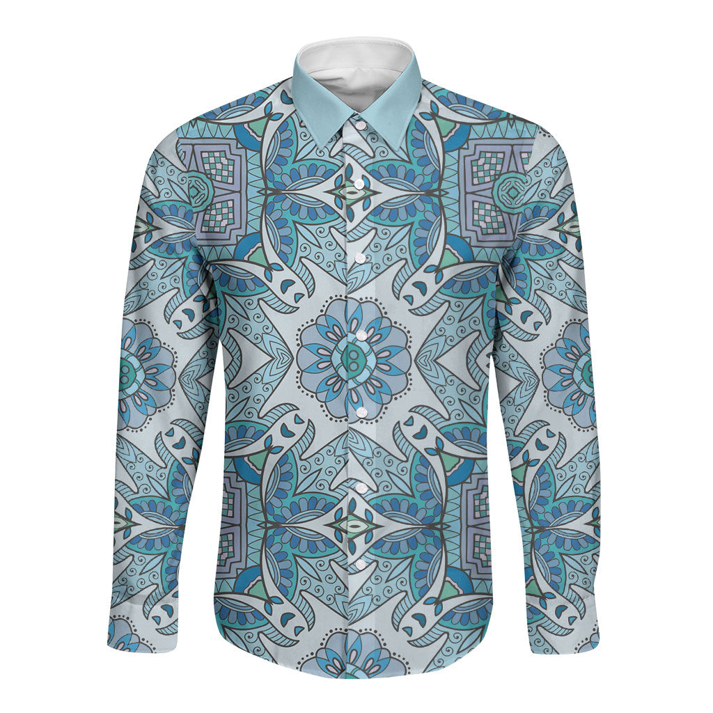 Indian Mandala Pattern Long Sleeve Button Shirt Blue Geometric Floral Mandala