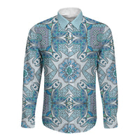 Indian Mandala Pattern Long Sleeve Button Shirt Blue Geometric Floral Mandala