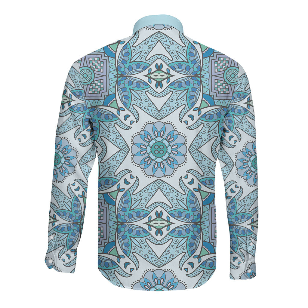 Indian Mandala Pattern Long Sleeve Button Shirt Blue Geometric Floral Mandala