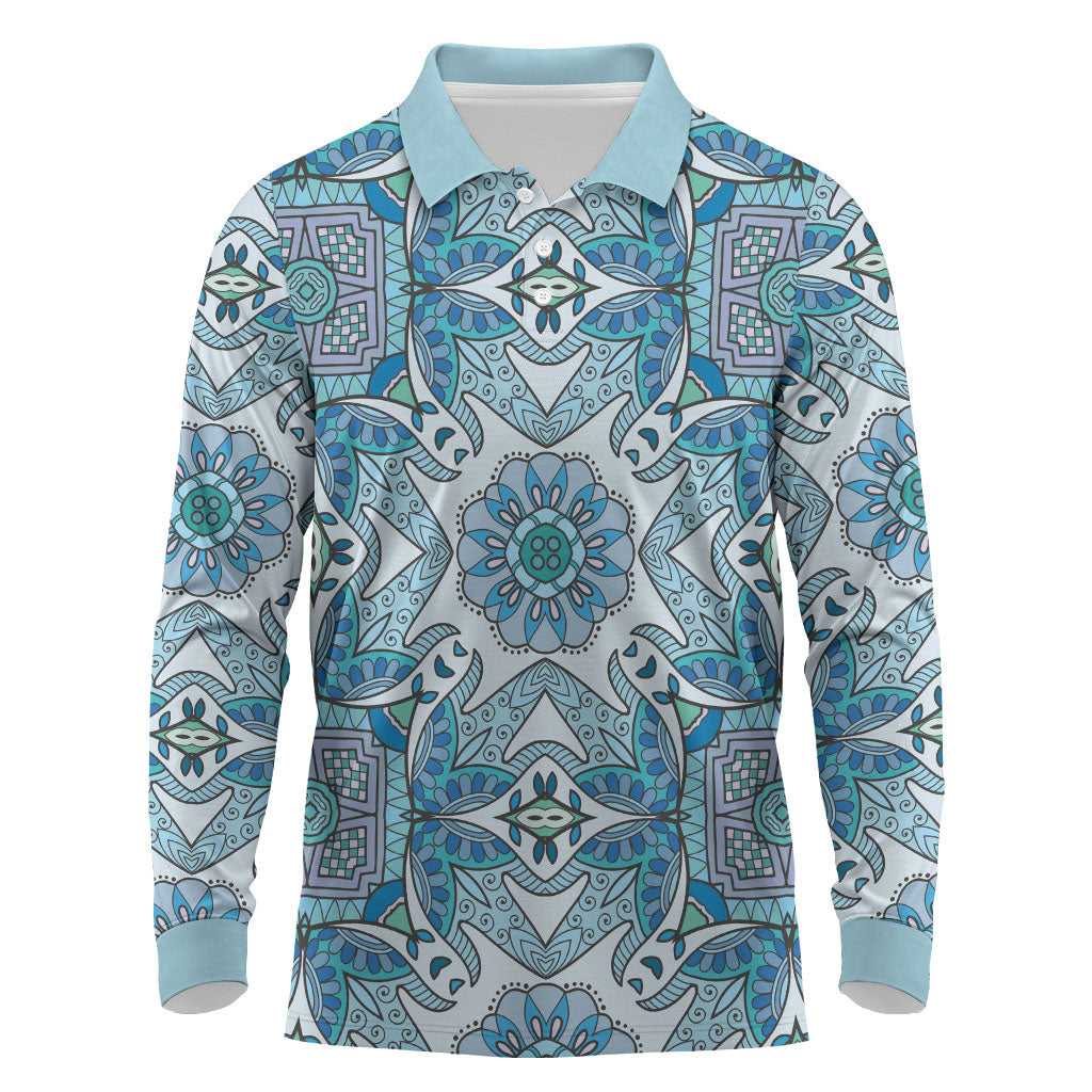 Indian Mandala Pattern Long Sleeve Polo Shirt Blue Geometric Floral Mandala